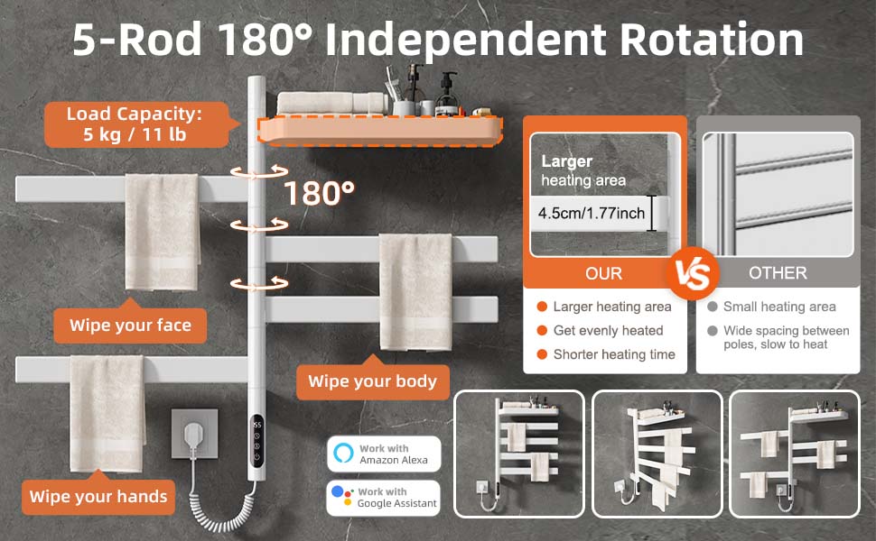 SIOYIE Smart Rotating Heated Towel Rack For Bathroom, Wall-Mounted Electric Towel Dryer With Swivel Bars & Shelf, Smart Timer, Low Carbon Steel, Plug-in/Hardwired, Towel Warmer With Wi-Fi App Control_voghion.com
